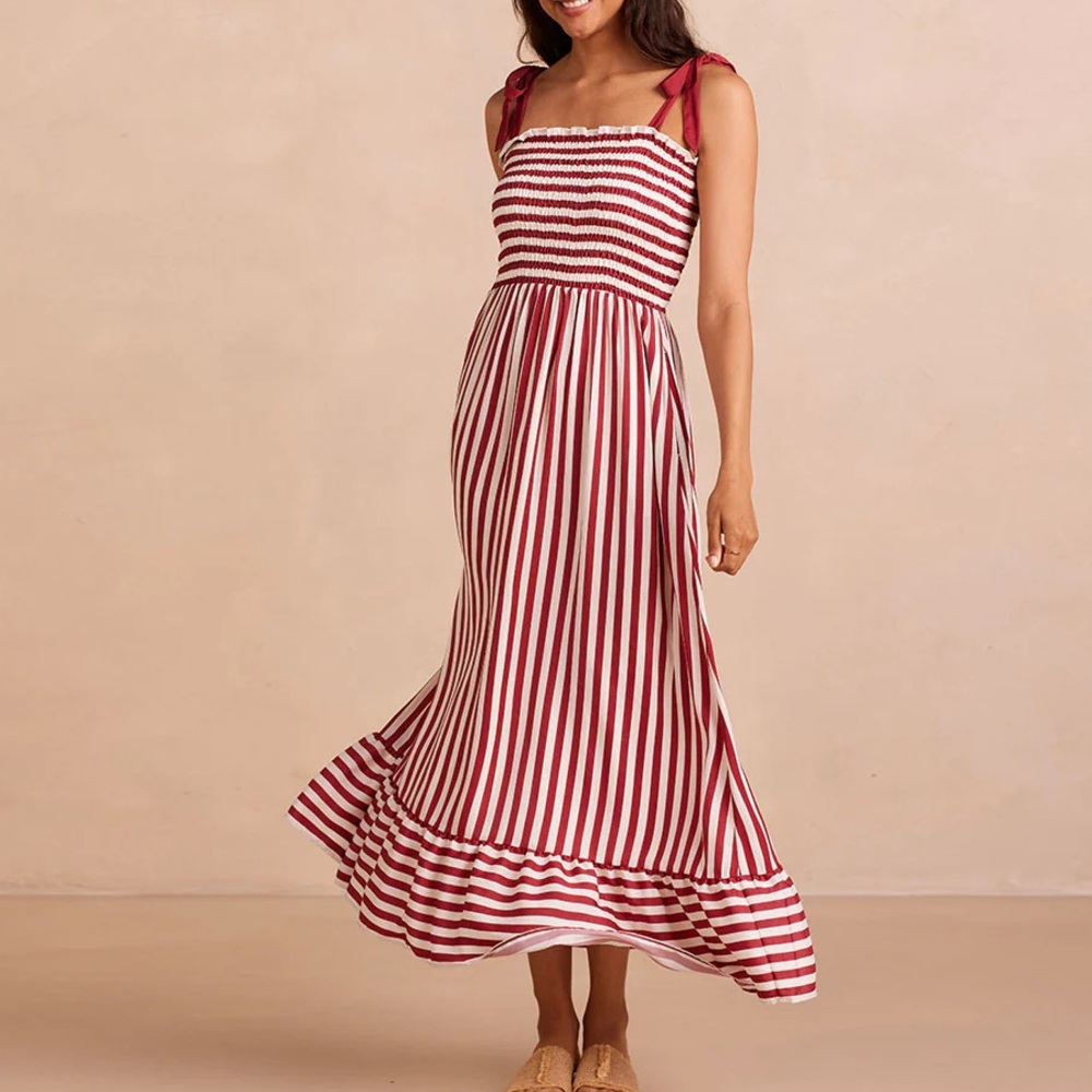 Summersalt Red and White Pleated Maxi Sundress